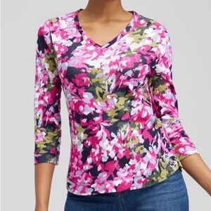 Chico's Sz 3 Pink Floral Everyday 3/4 Sleeve Tee Pima Cotton Top Shirt XLarge XL